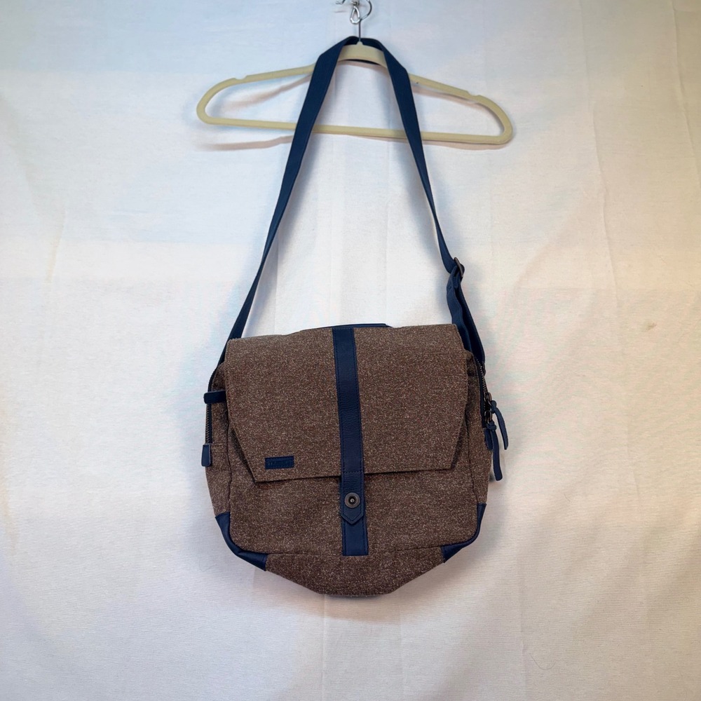 Timbuk2 Messenger Bag Brown Tweed Navy Blue Leather Trim Crossbody Laptop Bag